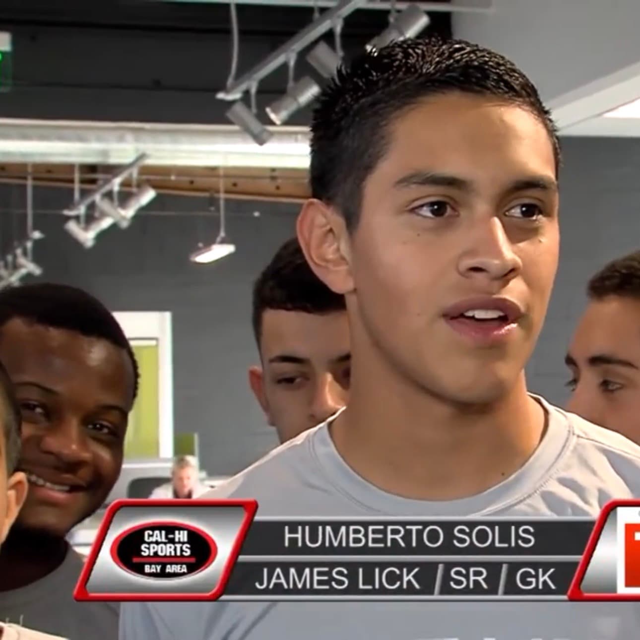 Cal-Hi Sports TV lower-third graphic naming Humberto Solis, James Lick High School senior goalkeeper, with teammates in the background.